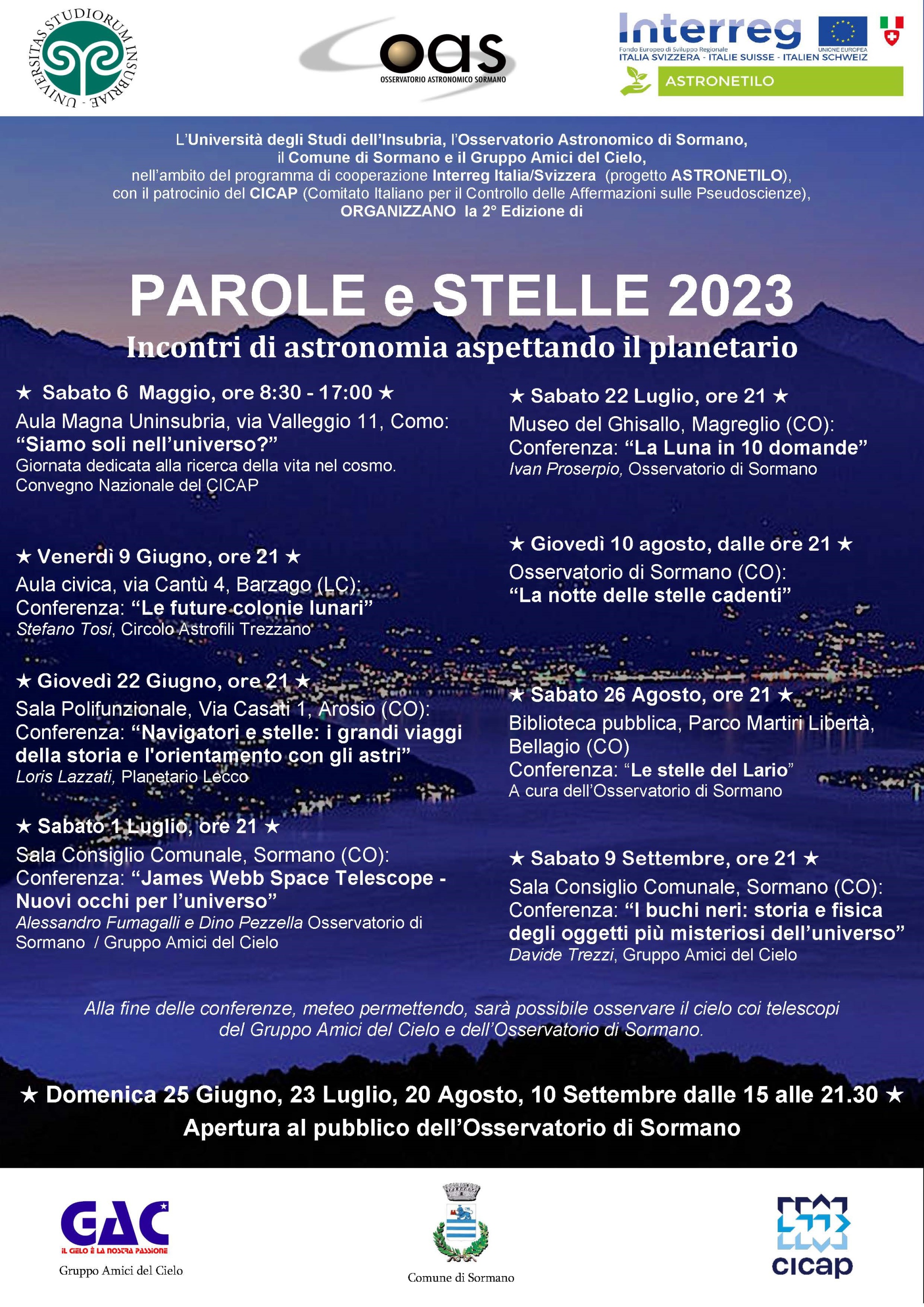PAROLE e STELLE 2023 - Incontri di astronomia