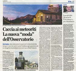 La Provincia del 27 giugno 2018. Articolo su nuova camera AllSky